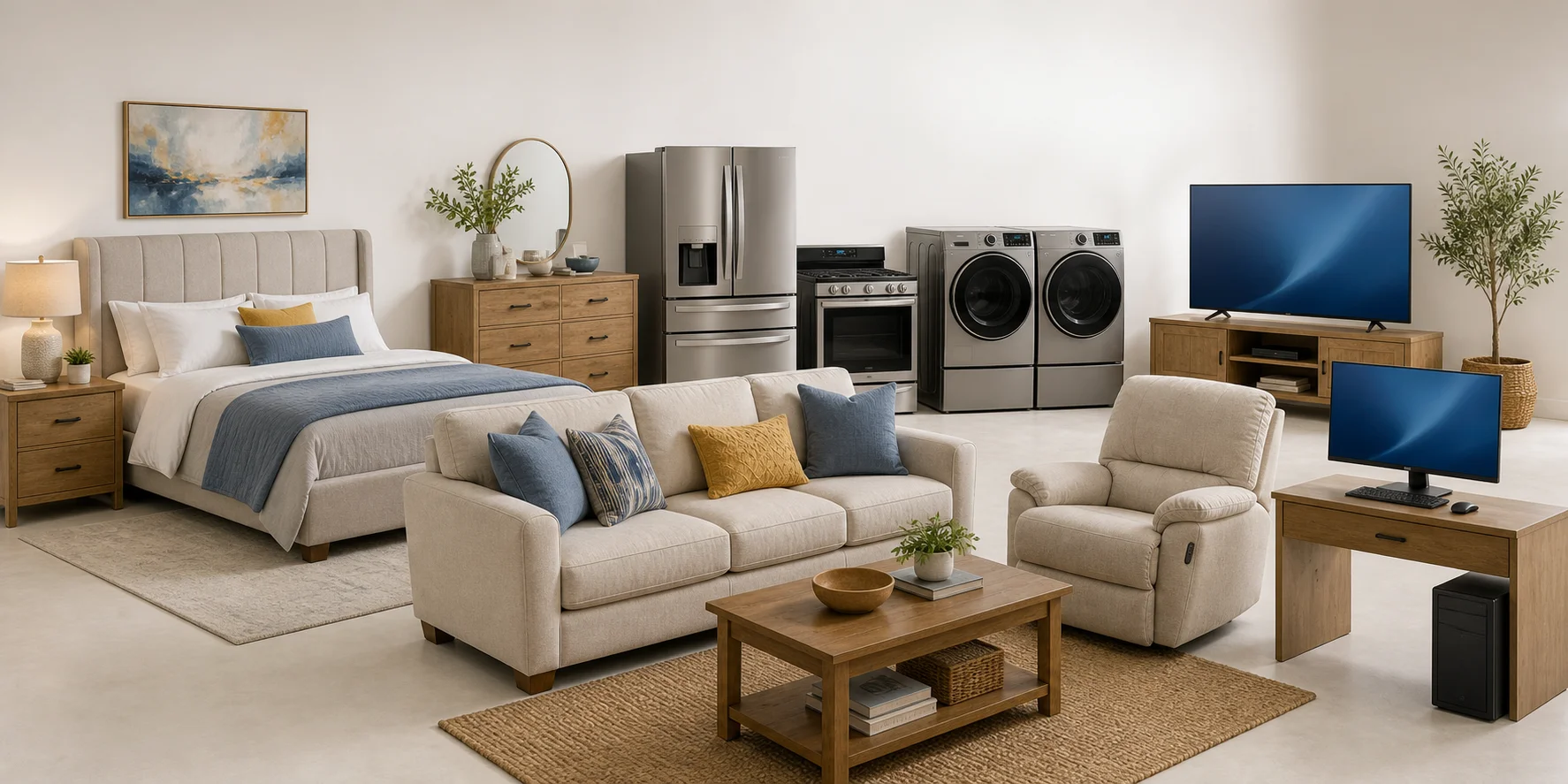 Illustrative selection of bedroom furniture, a sofa and recliner, kitchen and laundry appliances, a large-screen TV, and a desktop computer